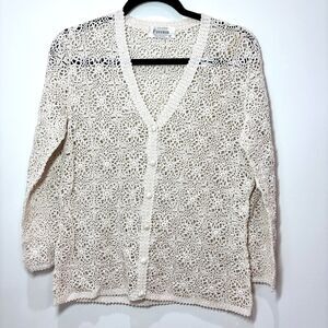 VTG Hand Crochet Ivory Cardigan Open Weave M Festival Boho 90s Y2K Cottagecore